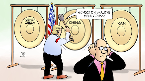 Cartoon: Gongs (medium) by Harm Bengen tagged gongs,trump,aussenpolitik,usa,venezuela,china,iran,harm,bengen,cartoon,karikatur,gongs,trump,aussenpolitik,usa,venezuela,china,iran,harm,bengen,cartoon,karikatur