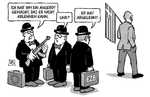 Cartoon: Griechenland-Angebot (medium) by Harm Bengen tagged angebot,ablehnen,ezb,iwf,troika,mafia,pate,drohung,eu,euro,europa,griechischer,finanzminister,varoufakis,griechenland,wahl,harm,bengen,cartoon,karikatur