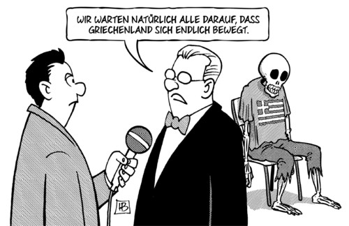 Cartoon: Griechenland-Bewegung (medium) by Harm Bengen tagged bewegen,tod,skelett,angebot,ablehnen,ezb,iwf,troika,drohung,eu,euro,europa,griechenland,wahl,harm,bengen,cartoon,karikatur