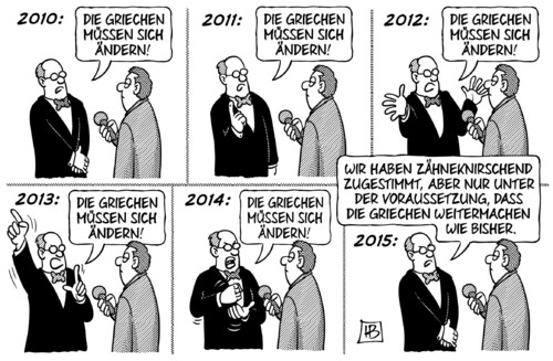 Cartoon: Griechenland-Zustimmung (medium) by Harm Bengen tagged zustimmung,vorraussetzung,weitermachen,union,cdu,csu,bundestag,regierung,kredit,hilfe,griechen,eurozone,ablehnen,ezb,iwf,troika,eu,euro,europa,griechenland,wahl,harm,bengen,cartoon,karikatur