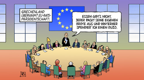 Cartoon: Griechische Präsidentschaft (medium) by Harm Bengen tagged griechenland,eu,ratspräsidentschaft,essen,trinken,brote,ouzo,armut,schulden,europa,harm,bengen,cartoon,karikatur,griechenland,eu,ratspräsidentschaft,essen,trinken,brote,ouzo,armut,schulden,europa,harm,bengen,cartoon,karikatur