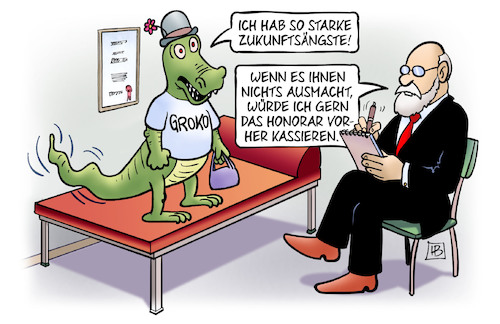 Cartoon: Groko-Zukunft (medium) by Harm Bengen tagged zukunftsängste,angst,groko,bundestagswahl,koalition,honorar,kassieren,psychiater,psychologe,harm,bengen,cartoon,karikatur,zukunftsängste,angst,groko,bundestagswahl,koalition,honorar,kassieren,psychiater,psychologe,harm,bengen,cartoon,karikatur