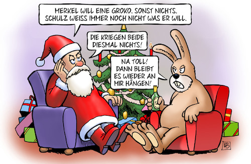 Cartoon: Groko und Weihnachten (medium) by Harm Bengen tagged groko,weihnachten,merkel,schulz,spd,union,cdu,weihnachtsmann,osterhase,geschenke,harm,bengen,cartoon,karikatur,groko,weihnachten,merkel,schulz,spd,union,cdu,weihnachtsmann,osterhase,geschenke,harm,bengen,cartoon,karikatur