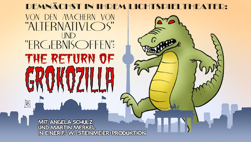 Cartoon: Grokozilla (medium) by Harm Bengen tagged lichtspieltheater,kino,film,alternativlos,ergebnisoffen,grosse,koalition,sondierungen,grokozilla,schulz,merkel,steinmeier,monster,horror,berlin,harm,bengen,cartoon,karikatur,lichtspieltheater,kino,film,alternativlos,ergebnisoffen,grosse,koalition,sondierungen,grokozilla,schulz,merkel,steinmeier,monster,horror,berlin,harm,bengen,cartoon,karikatur