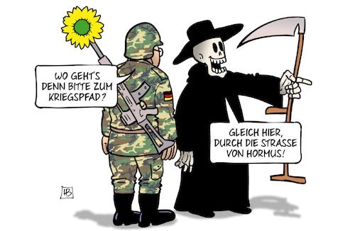 Cartoon: Grüne auf dem Kriegspfad (medium) by Harm Bengen tagged nouripour,grüne,kriegspfad,iran,strasse,von,hormus,kriegseinsatz,gb,uk,eu,tod,harm,bengen,cartoon,karikatur,nouripour,grüne,kriegspfad,iran,strasse,von,hormus,kriegseinsatz,gb,uk,eu,tod,harm,bengen,cartoon,karikatur