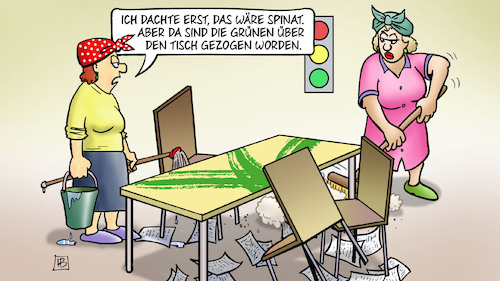 Cartoon: Grüne übern Tisch (medium) by Harm Bengen tagged spinat,grüne,tisch,gezogen,ampel,koalitionsverhandlungen,putzfrauen,streifen,dreck,papier,harm,bengen,cartoon,karikatur,spinat,grüne,tisch,gezogen,ampel,koalitionsverhandlungen,putzfrauen,streifen,dreck,papier,harm,bengen,cartoon,karikatur