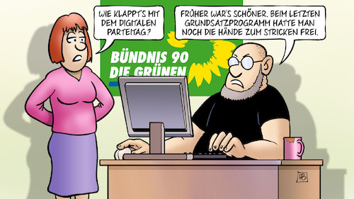 Cartoon: Grüner digitaler PT (medium) by Harm Bengen tagged grüne,digitaler,parteitag,bundeskongress,grundsatzprogramm,stricken,computer,harm,bengen,cartoon,karikatur,grüne,digitaler,parteitag,bundeskongress,grundsatzprogramm,stricken,computer,harm,bengen,cartoon,karikatur