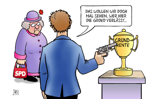 Cartoon: Grundrente und Groko (medium) by Harm Bengen tagged groko,verlassen,akk,pistole,pokal,grundrente,alte,tante,spd,stichwahl,koalition,harm,bengen,cartoon,karikatur,groko,verlassen,akk,pistole,pokal,grundrente,alte,tante,spd,stichwahl,koalition,harm,bengen,cartoon,karikatur