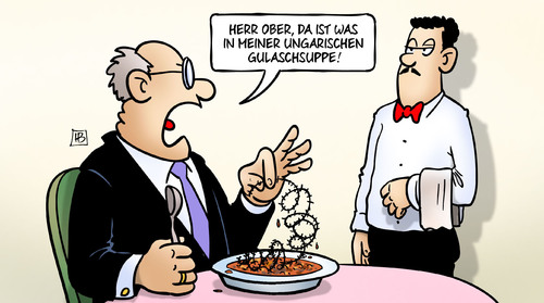 Cartoon: Gulaschsuppe (medium) by Harm Bengen tagged ober,restaurant,essen,gast,ungarn,ungarische,gulaschsuppe,stacheldraht,zaun,fluechtlingskrise,fluechtlinge,asyl,eu,europa,harm,bengen,cartoon,karikatur,ober,restaurant,essen,gast,ungarn,ungarische,gulaschsuppe,stacheldraht,zaun,fluechtlingskrise,fluechtlinge,asyl,eu,europa,harm,bengen,cartoon,karikatur