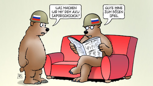 Cartoon: Gute Mine (medium) by Harm Bengen tagged akw,saporischschja,minen,bären,helme,sofa,zeitung,russland,ukraine,krieg,harm,bengen,cartoon,karikatur,akw,saporischschja,minen,bären,helme,sofa,zeitung,russland,ukraine,krieg,harm,bengen,cartoon,karikatur