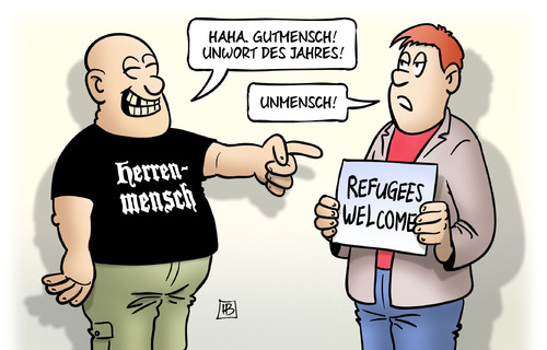 Cartoon: Gutmensch (medium) by Harm Bengen tagged gutmensch,unwort,unmensch,herrenmensch,nazi,rechts,refugees,welcome,flüchtlinge,rassismus,harm,bengen,cartoon,karikatur,gutmensch,unwort,unmensch,herrenmensch,nazi,rechts,refugees,welcome,flüchtlinge,rassismus,harm,bengen,cartoon,karikatur