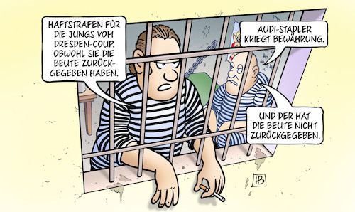 Cartoon: Haftstrafen (medium) by Harm Bengen tagged haftstrafen,dresden,coup,beute,grünes,gewölbe,diebstahl,kriminalität,audi,stadler,geständnis,bewährung,knast,gefängnis,harm,bengen,cartoon,karikatur,haftstrafen,dresden,coup,beute,grünes,gewölbe,diebstahl,kriminalität,audi,stadler,geständnis,bewährung,knast,gefängnis,harm,bengen,cartoon,karikatur