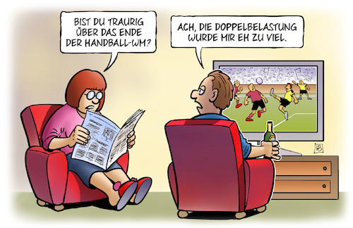 Cartoon: Handball-WM-Ende (medium) by Harm Bengen tagged ende,handball,wm,fussball,doppelbelastung,tv,harm,bengen,cartoon,karikatur,ende,handball,wm,fussball,doppelbelastung,tv,harm,bengen,cartoon,karikatur