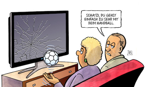 Cartoon: Handballfieber (medium) by Harm Bengen tagged handballfieber,weltweisterschaft,deutschland,tv,kaputt,sprünge,harm,bengen,cartoon,karikatur,handballfieber,weltweisterschaft,deutschland,tv,kaputt,sprünge,harm,bengen,cartoon,karikatur