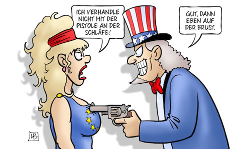 Cartoon: Handelskrieg EU-USA (medium) by Harm Bengen tagged handelskrieg,eu,europa,usa,uncle,sam,pistole,schläfe,brust,wirtschaft,zoll,zölle,juncker,trump,harm,bengen,cartoon,karikatur,handelskrieg,eu,europa,usa,uncle,sam,pistole,schläfe,brust,wirtschaft,zoll,zölle,juncker,trump,harm,bengen,cartoon,karikatur