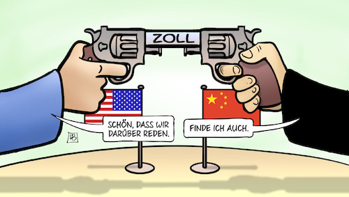 Cartoon: Handelsstreit und Zoll (medium) by Harm Bengen tagged reden,pistole,china,handelsstreit,handelskrieg,zoll,sanktionen,usa,harm,bengen,cartoon,karikatur,reden,pistole,china,handelsstreit,handelskrieg,zoll,sanktionen,usa,harm,bengen,cartoon,karikatur