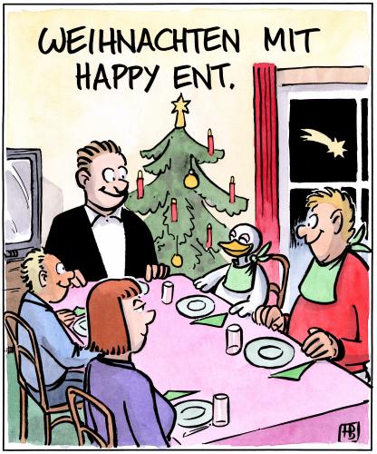 Cartoon: Happy Ent (medium) by Harm Bengen tagged happy,end,ente,ende,weihnachten,bescherung,festessen,essen,geflügel,liebe,verschont,braten,serviette,kind,familie,tannenbaum,advent,vegetarier,tierschutz
