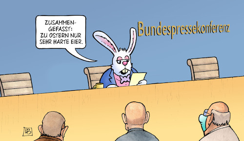 Cartoon: Harte Eier (medium) by Harm Bengen tagged ostern,harte,eier,osterhase,hase,bundespressekonferenz,pressekonferenz,corona,lockdown,bund,länder,konferenz,harm,bengen,cartoon,karikatur,ostern,harte,eier,osterhase,hase,bundespressekonferenz,pressekonferenz,corona,lockdown,bund,länder,konferenz,harm,bengen,cartoon,karikatur