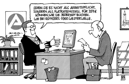 Cartoon: Hartz-IV-Flatrate (medium) by Harm Bengen tagged hartz,jobcenter,arbeitsamt,flatrate,guido westerwelle,rüttgers,ruettgers,buchen,mieten,arbeitslos,guido,westerwelle