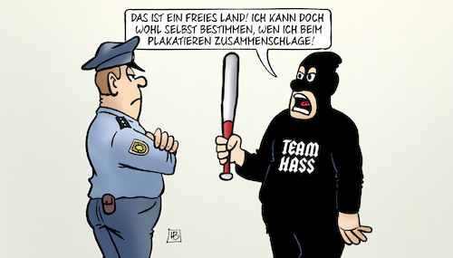 Cartoon: Hass-Attacken (medium) by Harm Bengen tagged team,hass,nazis,baseballschläger,polizist,polizei,vermummt,wahlkampf,plakatieren,zusammenschlagen,attacken,gewalt,harm,bengen,cartoon,karikatur,team,hass,nazis,baseballschläger,polizist,polizei,vermummt,wahlkampf,plakatieren,zusammenschlagen,attacken,gewalt,harm,bengen,cartoon,karikatur