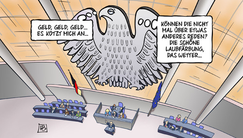 Cartoon: Haushaltsdebatte (medium) by Harm Bengen tagged haushaltsdebatte,bundestag,reichtag,plenarsaal,bundesregierung,opposition,geld,haushalt,bundesadler,harm,bengen,cartoon,karikatur,haushaltsdebatte,bundestag,reichtag,plenarsaal,bundesregierung,opposition,geld,haushalt,bundesadler,harm,bengen,cartoon,karikatur