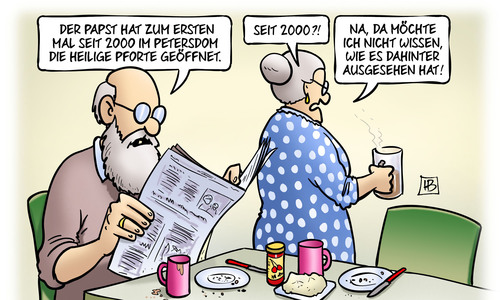 Cartoon: Heilige Pforte (medium) by Harm Bengen tagged heilige,pforte,papst,petersdom,vatikan,susemil,harm,bengen,cartoon,karikatur,heilige,pforte,papst,petersdom,vatikan,susemil,harm,bengen,cartoon,karikatur