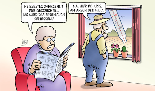 Cartoon: Heissestes Jahrzehnt (medium) by Harm Bengen tagged heissestes,jahrzehnt,geschichte,messung,fieberthermometer,klimawandel,erderwärmung,bauer,arsch,der,welt,harm,bengen,cartoon,karikatur,heissestes,jahrzehnt,geschichte,messung,fieberthermometer,klimawandel,erderwärmung,bauer,arsch,der,welt,harm,bengen,cartoon,karikatur