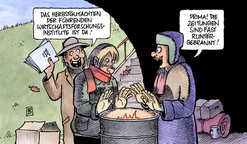 Cartoon: Herbstgutachten (medium) by Harm Bengen tagged herbstgutachten,herbst,gutachten,wirtschaft,wirtschaftsweise,wirtschaftsforschung,ökonom,konjunktur,krise,aufschwung,rezession,brücke,feuer,obdachlos,herbstgutachten,herbst,gutachten,wirtschaft,wirtschaftsweise,wirtschaftsforschung,ökonom,konjunktur,aufschwung,rezession,brücke,feuer