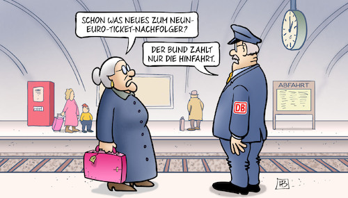 Cartoon: Hinfahrt (medium) by Harm Bengen tagged neun,euro,ticket,nachfolger,bund,zahlt,hinfahrt,susemil,bahnhof,harm,bengen,cartoon,karikatur,neun,euro,ticket,nachfolger,bund,zahlt,hinfahrt,susemil,bahnhof,harm,bengen,cartoon,karikatur