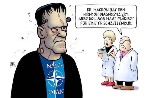 Cartoon: Hirntod mit Frischzellen (medium) by Harm Bengen tagged hirntod,frischzellen,macron,diagnose,arzt,krankenschwester,frankenstein,monster,nato,maas,harm,bengen,cartoon,karikatur,hirntod,frischzellen,macron,diagnose,arzt,krankenschwester,frankenstein,monster,nato,maas,harm,bengen,cartoon,karikatur