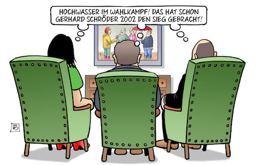 Cartoon: Hochwasser-Deja-vu (medium) by Harm Bengen tagged hochwasser,wahlkampf,gerhard,schröder,2002,sieg,tv,sessel,baerbock,laschet,scholz,harm,bengen,cartoon,karikatur,hochwasser,wahlkampf,gerhard,schröder,2002,sieg,tv,sessel,baerbock,laschet,scholz,harm,bengen,cartoon,karikatur