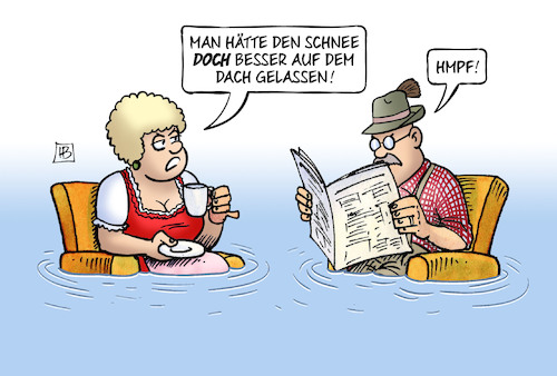 Cartoon: Hochwasser nach Schnee (medium) by Harm Bengen tagged hochwasser,schnee,dach,bayern,ehe,harm,bengen,cartoon,karikatur,hochwasser,schnee,dach,bayern,ehe,harm,bengen,cartoon,karikatur