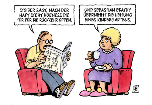 Cartoon: Hoeneß-Rückkehr (medium) by Harm Bengen tagged stoiber,haftstrafe,rücktritt,uli,hoeness,hoeneß,knast,gefängnis,landgericht,münchen,anwalt,verteidiger,richter,prozess,fussball,fc,bayern,steuern,steuerhinterziehung,schweiz,betrug,gericht,harm,bengen,cartoon,karikatur,stoiber,haftstrafe,rücktritt,uli,hoeness,hoeneß,knast,gefängnis,landgericht,münchen,anwalt,verteidiger,richter,prozess,fussball,fc,bayern,steuern,steuerhinterziehung,schweiz,betrug,gericht,harm,bengen,cartoon,karikatur