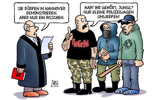 Cartoon: Hooligan-Demo (medium) by Harm Bengen tagged verwaltungsgericht,hannover,polizeiwagen,demonstration,kundgebung,hooligans,nazis,gewalt,salafisten,islamismus,harm,bengen,cartoon,karikatur,verwaltungsgericht,hannover,polizeiwagen,demonstration,kundgebung,hooligans,nazis,gewalt,salafisten,islamismus,harm,bengen,cartoon,karikatur