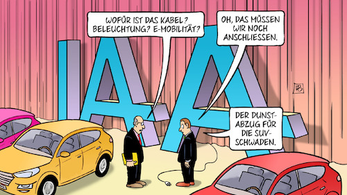 Cartoon: IAA 2021 (medium) by Harm Bengen tagged iaa,2021,automobilausstellung,münchen,suv,elektromobilität,kabel,harm,bengen,cartoon,karikatur,iaa,2021,automobilausstellung,münchen,suv,elektromobilität,kabel,harm,bengen,cartoon,karikatur