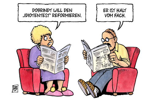 Cartoon: Idiotentest-Reform (medium) by Harm Bengen tagged dobrindt,idiotentest,reform,mpu,kfz,auto,alkohol,verkehrsminister,csu,zeitung,harm,bengen,cartoon,karikatur,dobrindt,idiotentest,reform,mpu,kfz,auto,alkohol,verkehrsminister,csu,zeitung,harm,bengen,cartoon,karikatur