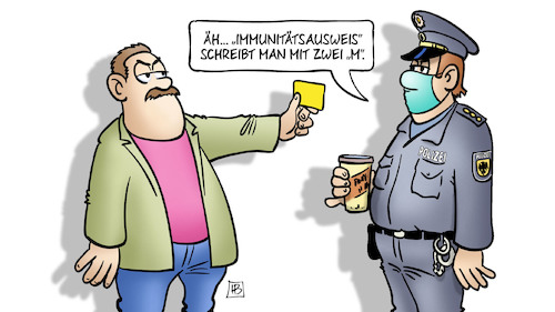 Cartoon: Immunitätsausweis (medium) by Harm Bengen tagged immunitätsausweis,corona,ethikrat,fälschung,polizei,polizist,maske,harm,bengen,cartoon,karikatur,immunitätsausweis,corona,ethikrat,fälschung,polizei,polizist,maske,harm,bengen,cartoon,karikatur