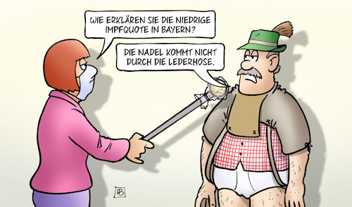 Cartoon: Impfquote Bayern (medium) by Harm Bengen tagged niedrige,impfquote,bayern,impfen,nadel,interview,lederhose,corona,harm,bengen,cartoon,karikatur,niedrige,impfquote,bayern,impfen,nadel,interview,lederhose,corona,harm,bengen,cartoon,karikatur