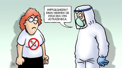 Cartoon: Impfstoff für Impfgegner (medium) by Harm Bengen tagged impfgegnerin,astrazeneca,impfen,schutzanzug,corona,impfstoff,wirksamkeit,lieferprobleme,harm,bengen,cartoon,karikatur,impfgegnerin,astrazeneca,impfen,schutzanzug,corona,impfstoff,wirksamkeit,lieferprobleme,harm,bengen,cartoon,karikatur