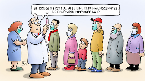 Cartoon: Impfstoffberuhigung (medium) by Harm Bengen tagged beruhigungsspritze,impfstoff,arzt,krankenchwester,patienten,schlange,corona,impfen,priorisierung,aufgehoben,harm,bengen,cartoon,karikatur