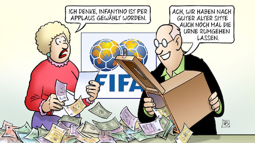 Cartoon: Infantino-Wahl (medium) by Harm Bengen tagged infantino,wahl,fifa,urne,wahlurne,geld,korruption,bestechung,fussball,applaus,harm,bengen,cartoon,karikatur,infantino,wahl,fifa,urne,wahlurne,geld,korruption,bestechung,fussball,applaus,harm,bengen,cartoon,karikatur