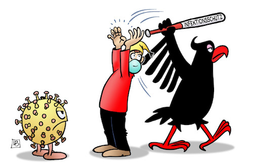 Cartoon: Infektionsschutz weg (medium) by Harm Bengen tagged infektionsschutz,bundesadler,adler,michel,baseballschläger,corona,virus,harm,bengen,cartoon,karikatur,infektionsschutz,bundesadler,adler,michel,baseballschläger,corona,virus,harm,bengen,cartoon,karikatur