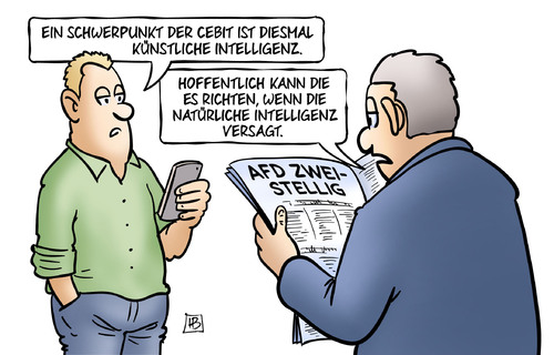 Cartoon: Intelligenz (medium) by Harm Bengen tagged schwerpunkt,cebit,kuenstliche,intelligenz,landtagswahlen,afd,partei,rechtsradikal,rechtsextrem,handy,zeitung,harm,bengen,cartoon,karikatur,schwerpunkt,cebit,kuenstliche,intelligenz,landtagswahlen,afd,partei,rechtsradikal,rechtsextrem,handy,zeitung,harm,bengen,cartoon,karikatur