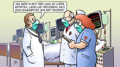 Cartoon: Intensivstation-Auslastung (medium) by Harm Bengen tagged intensivstation,auslastung,bett,ungeimpfter,corona,impfung,arzt,ärzte,krankenhaus,harm,bengen,cartoon,karikatur,intensivstation,auslastung,bett,ungeimpfter,corona,impfung,arzt,ärzte,krankenhaus,harm,bengen,cartoon,karikatur