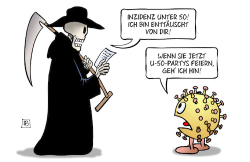 Cartoon: Inzidenz unter 50 (medium) by Harm Bengen tagged inzidenz,unter,50,enttäuschung,tod,virus,corona,partys,feiern,harm,bengen,cartoon,karikatur,inzidenz,unter,50,enttäuschung,tod,virus,corona,partys,feiern,harm,bengen,cartoon,karikatur