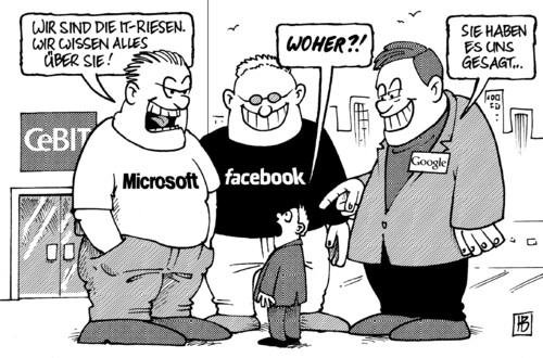 Cartoon: IT-Riesen (medium) by Harm Bengen tagged cebit,hannover,google,facebook,daten,bock,technik,fortschritt,technologie,zoo,microsoft,riesen,it,aigner,privat,warnung,verbraucherministerin