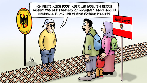 Cartoon: Jägerzaun (medium) by Harm Bengen tagged jägerzaun,zaun,grenzzaun,grenze,wendt,polizeigewerkschaft,cdu,csu,österreich,flüchtlingsfrage,flüchtlinge,asyl,harm,bengen,cartoon,karikatur,jägerzaun,zaun,grenzzaun,grenze,wendt,polizeigewerkschaft,cdu,csu,österreich,flüchtlingsfrage,flüchtlinge,asyl,harm,bengen,cartoon,karikatur