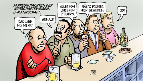 Cartoon: Jahresgutachten (medium) by Harm Bengen tagged jahresgutachten,wirtschaftsweise,mannschaft,kneipe,wirtschaft,bundesregierung,wissenschaftler,harm,bengen,cartoon,karikatur,jahresgutachten,wirtschaftsweise,mannschaft,kneipe,wirtschaft,bundesregierung,wissenschaftler,harm,bengen,cartoon,karikatur