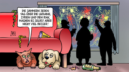 Cartoon: Jahreswechsel (medium) by Harm Bengen tagged ukraine,syrien,irak,silvester,jahreswechsel,feuerwerk,krieg,tiere,laut,hund,katze,knaller,sekt,harm,bengen,cartoon,karikatur,ukraine,syrien,irak,silvester,jahreswechsel,feuerwerk,krieg,tiere,laut,hund,katze,knaller,sekt,harm,bengen,cartoon,karikatur