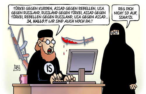 Cartoon: Jeder gegen Jeden (medium) by Harm Bengen tagged türkei,kurden,assad,rebellen,usa,syrien,krieg,is,islamischer,staat,islamisten,terroristen,computer,monitor,säbel,ak47,harm,bengen,cartoon,karikatur,türkei,kurden,assad,rebellen,usa,syrien,krieg,is,islamischer,staat,islamisten,terroristen,computer,monitor,säbel,ak47,harm,bengen,cartoon,karikatur